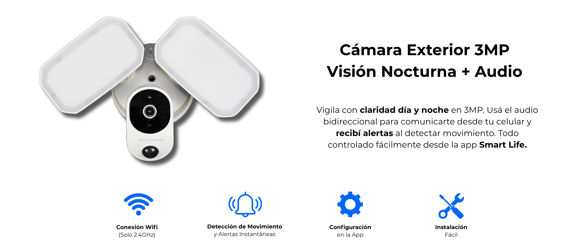 Cámara de Seguridad Dellorean C2-CAM: Vigilancia Inteligente con Iluminación Potente La Dellorean C2-CAM redefine la seguridad del hogar combinando vigilancia HD 3MP con iluminación LED de alto rendimiento. Controla y monitorea tu propiedad desde cualquier lugar mediante la app Smart Life, con visión nocturna infrarroja y almacenamiento expandible para una protección continua.